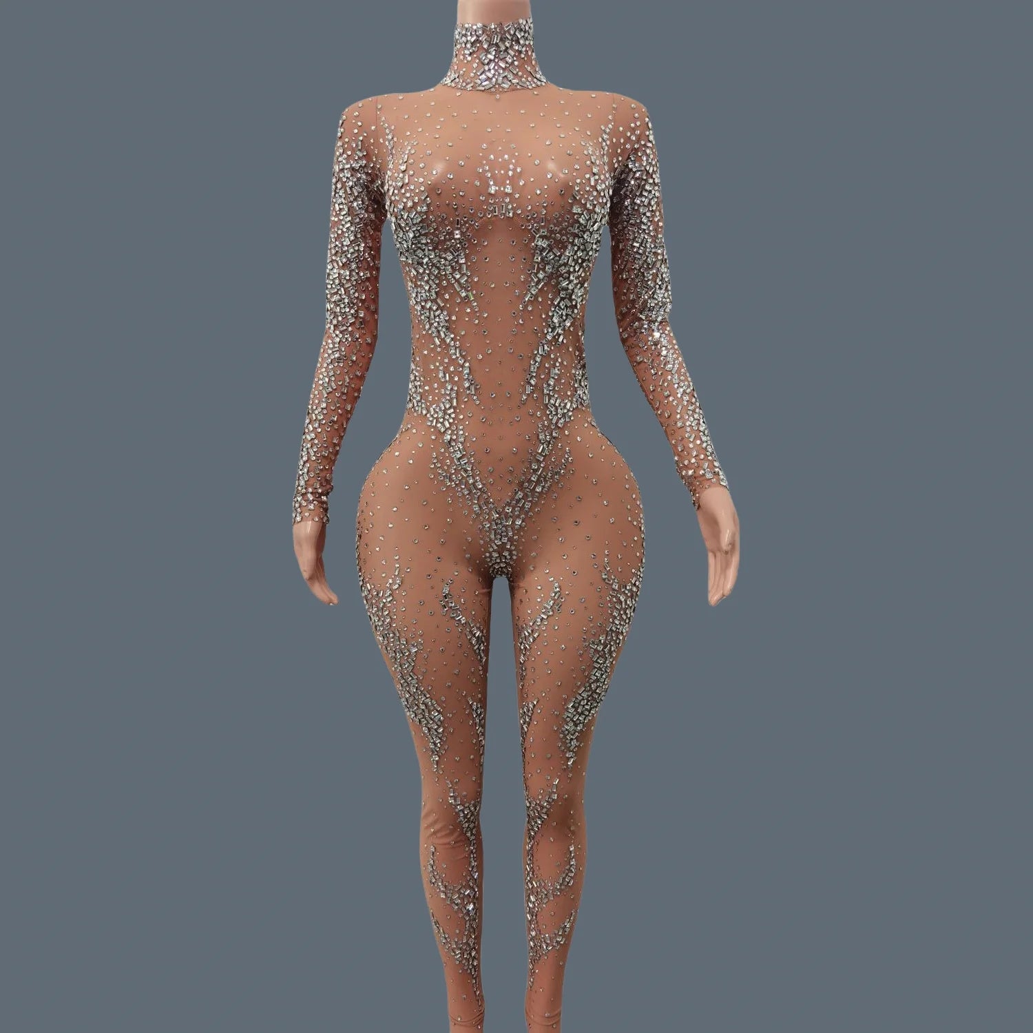 Luxurious Sparkly Crystals Skinny Sheer Mesh Jumpsuit for Women Birthday Party Female Singer Show Stage High-end Sexy Jumpsuit Nude One Size