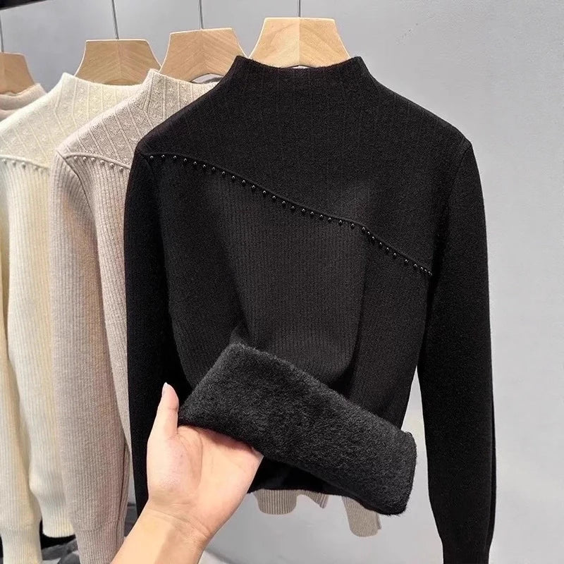 Autumn Winter New Thickened One-Piece Fleece Half High Collar Knitted Base Shirt For Women Inner Pullover 11A07626 Black One Size