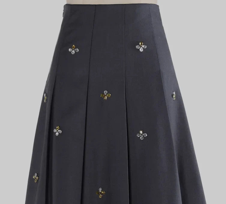 Spring Women French Style Luxury Rhinestone Beading Lady Solid Long Pleated Skirt