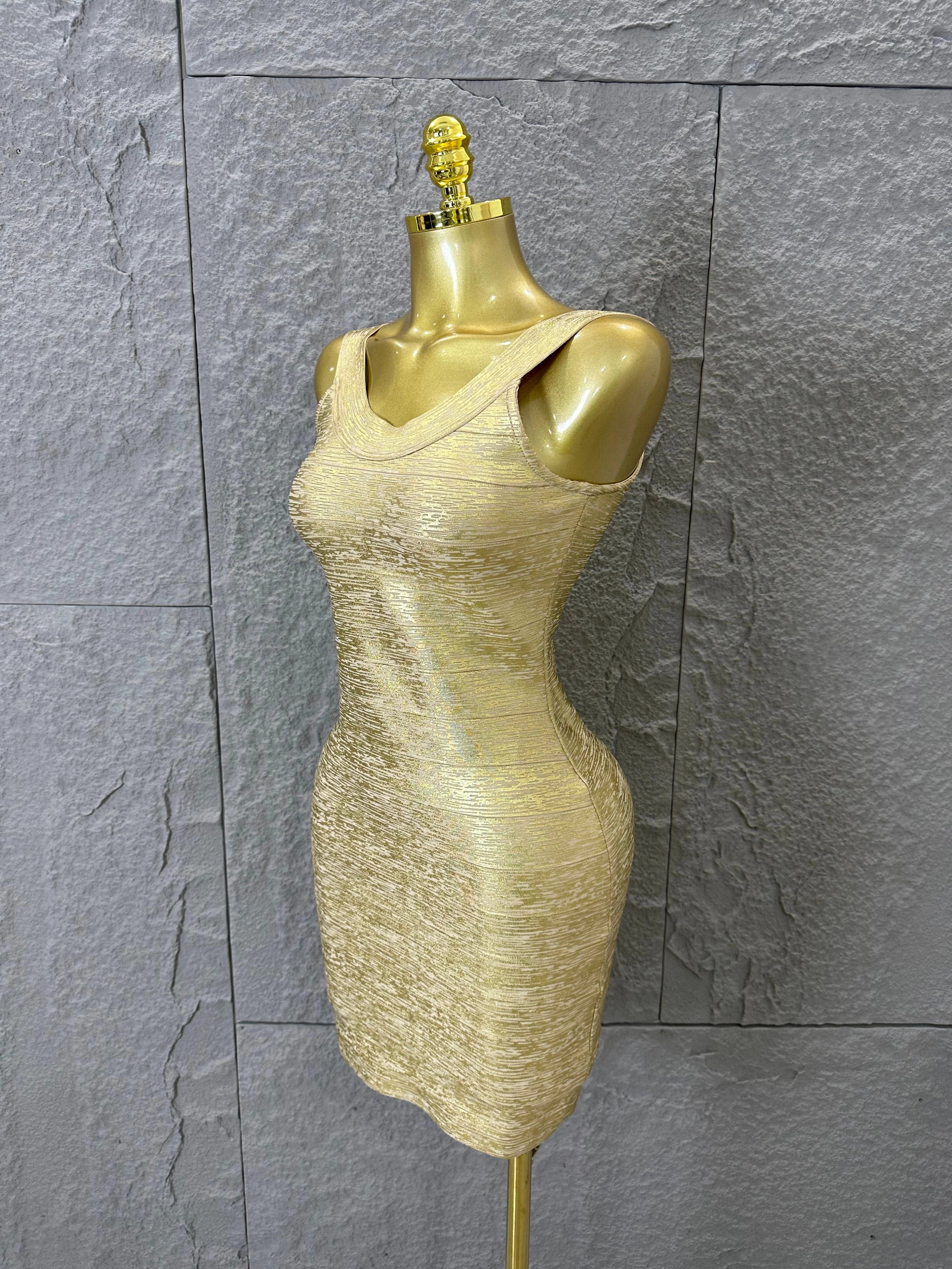 Women Sexy Elegant 2026 Silver Gold Metallic Bandage Mini Dress Women Sleeveless Bodycon Formal Event Cocktail Party Costume
