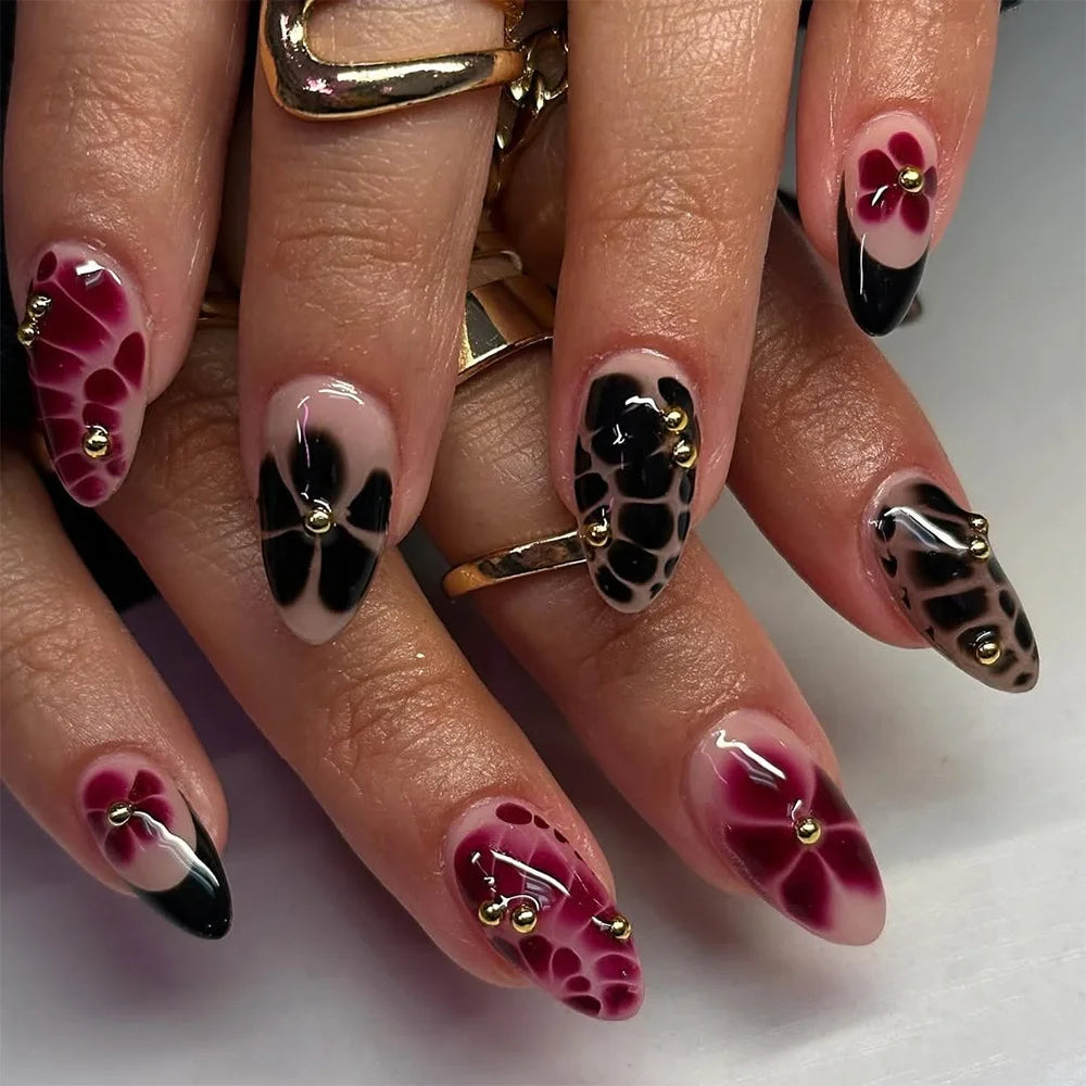 24Pcs Snake's Skin Design French False Nails Mid-length Almond Head Press on Nails Brown Flower Pattern Stiletto Fake Nail Tips 3696