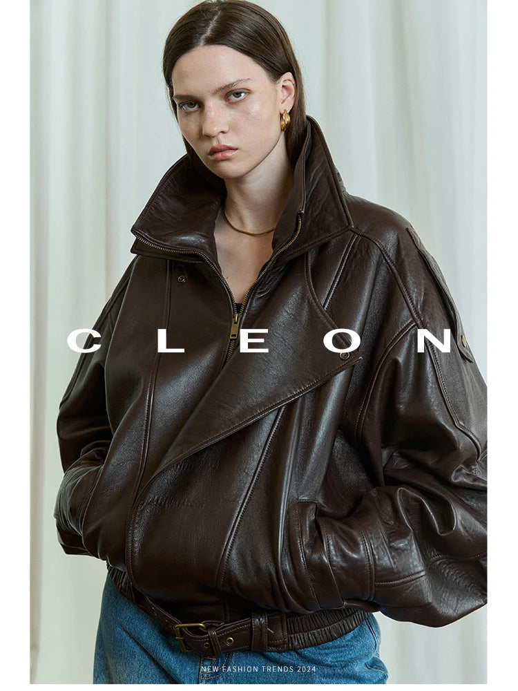 Lautaro Autumn Brown Oversized Pu Leather Moto & Biker Jacket Women Long Sleeve Zippper High Quality American Retro Clothing Brown