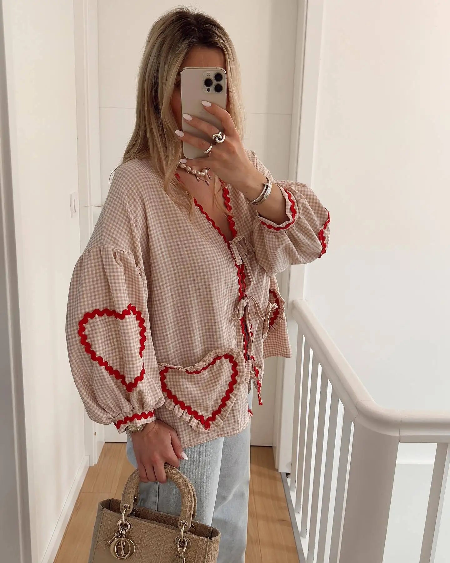 Vintage Women Loose Heart Pockets Shirts Fashion Ladies Casual V Neck Bow Buttons Blouses for Female Chic Tops Clothes