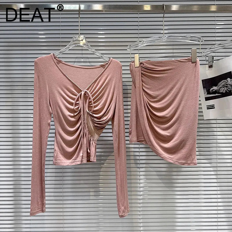 Winter New Fashion Hollow Mesh Drawstring T-Shirt Slim Fit Asymmetrical Hem Wrapped Hip Skirt Set For Women 11A07733