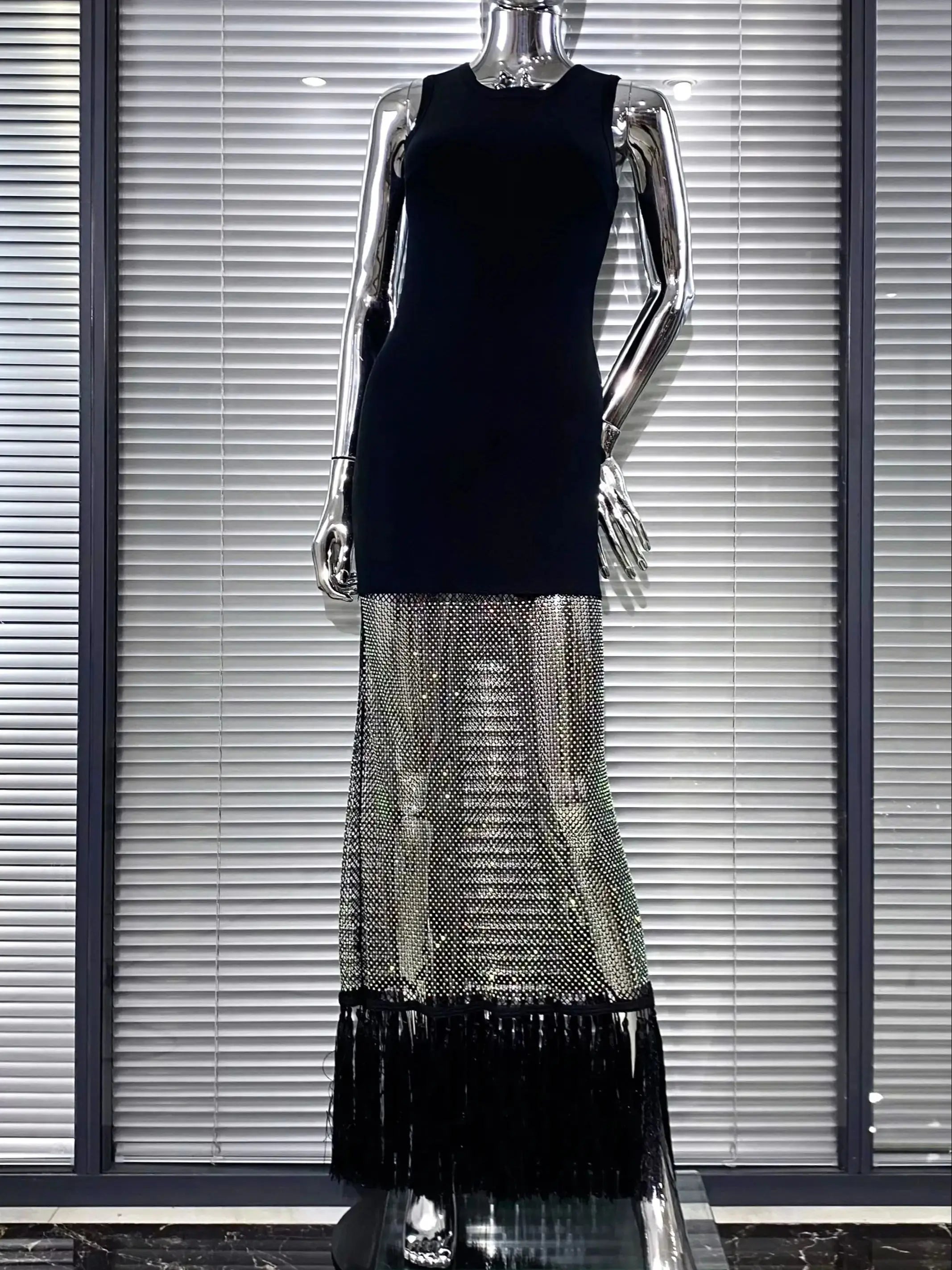 Shining Diamond See Through Mesh Tassels Black Bandage Ankle Length Dress Fashion Woman Party Dress Birthday Party Outfit black