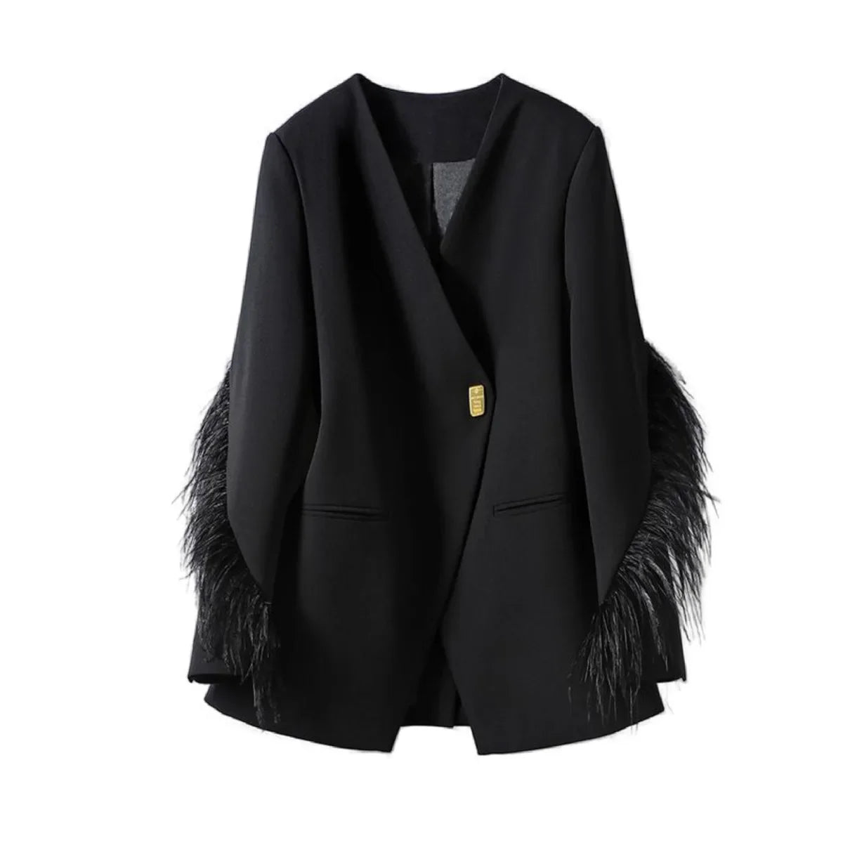 Woman Vintage V-collar Feather Tassel Stitching Blazer Coat Black Loose Suit Jacket Female Long Sleeve Fur Patchwork Outerwear CN