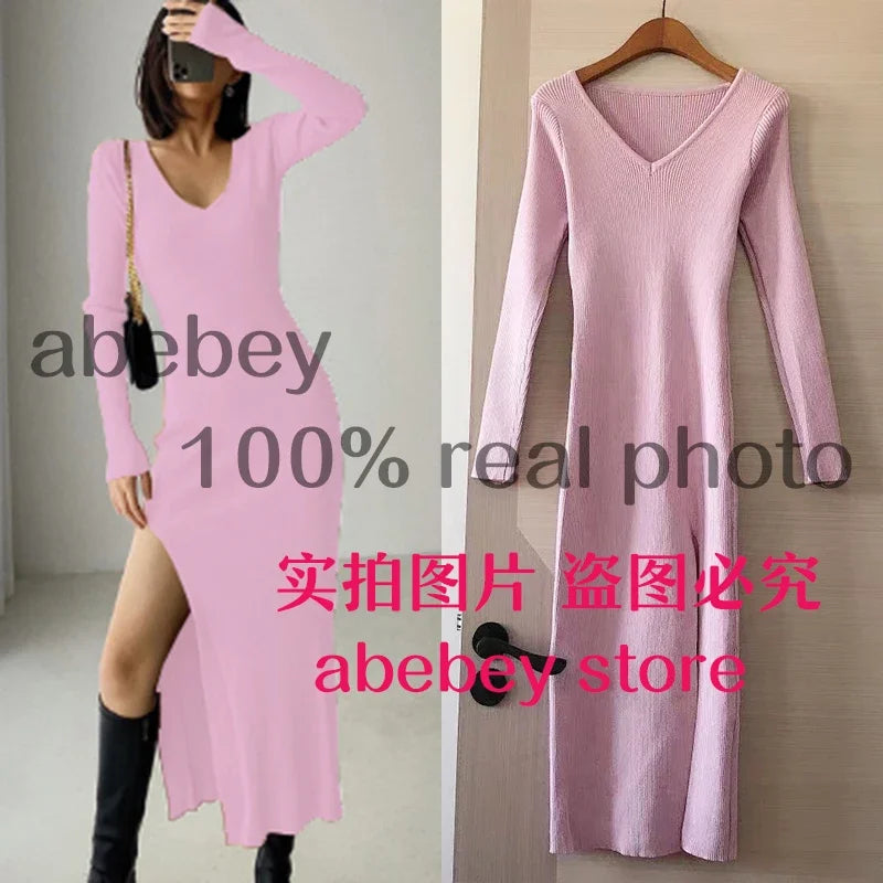 spring and winter sexy French slit sweater dress female slim tight-fitting hip-knit over-the-knee dresses PURPLE