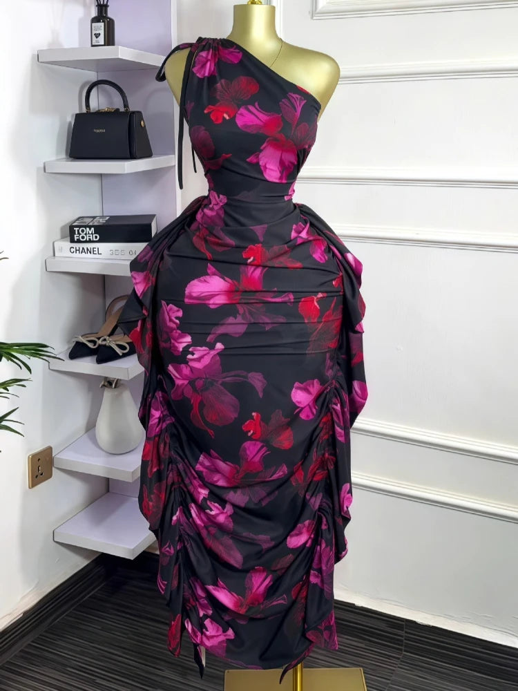 CM.YAYA Women Floral Printed One Shoulder Sleeveless Stacked Ruched Bodycon Midi Maxi Long Dress 2025 Sexy Party Evening Dresses