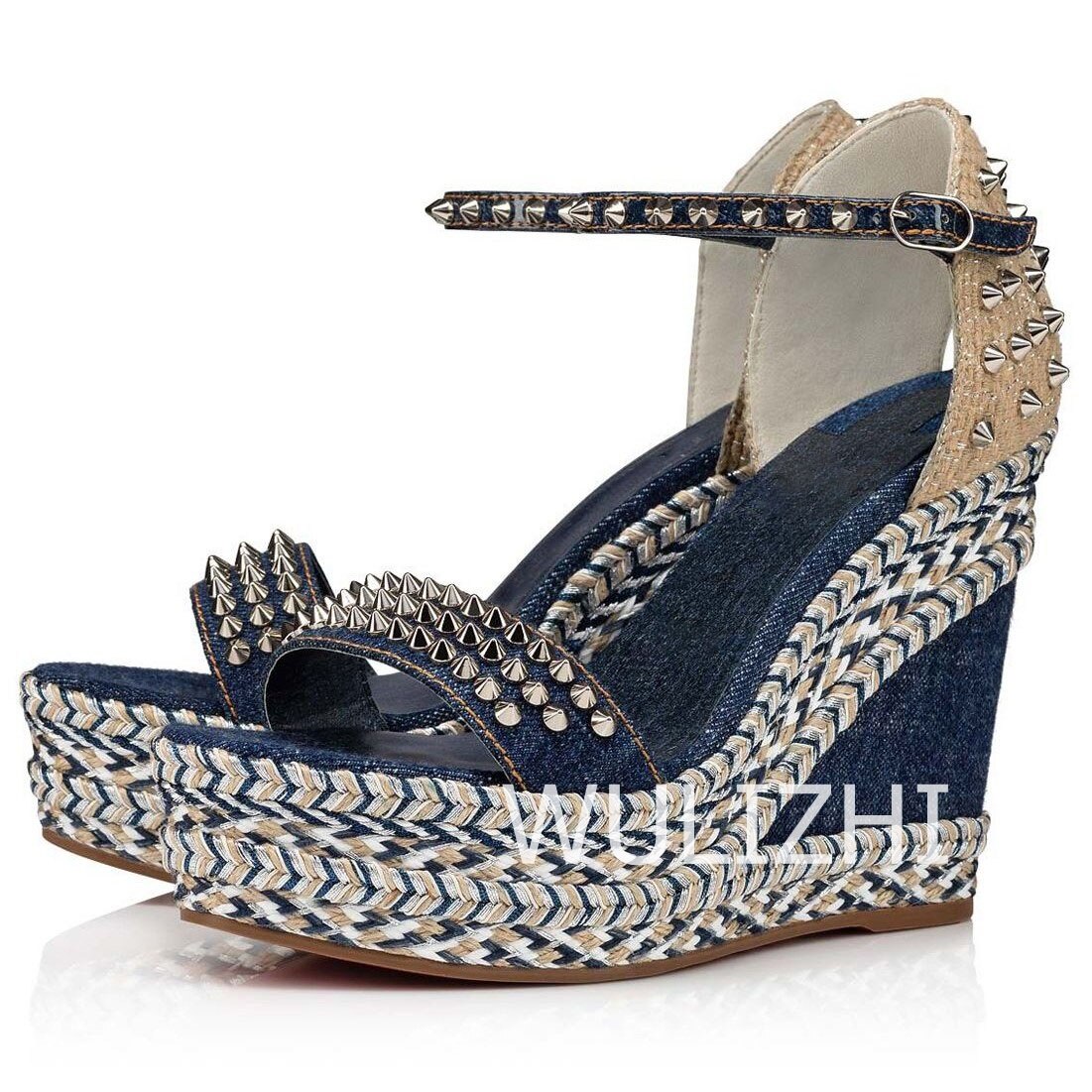 Women's Dark Black Blue Denim High Wedge Espadarille Metal Stud Heel Sandals Low Platform Mixed Colors Patchwork Appliques Shoes