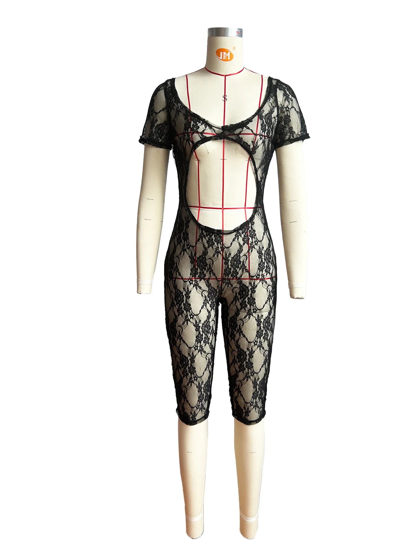 2024 Spring Short Sleeve Backless Women Lace Hollow Out Casual Rompers Playsuit Short Jumpsuits V-neck One Piece Outfits