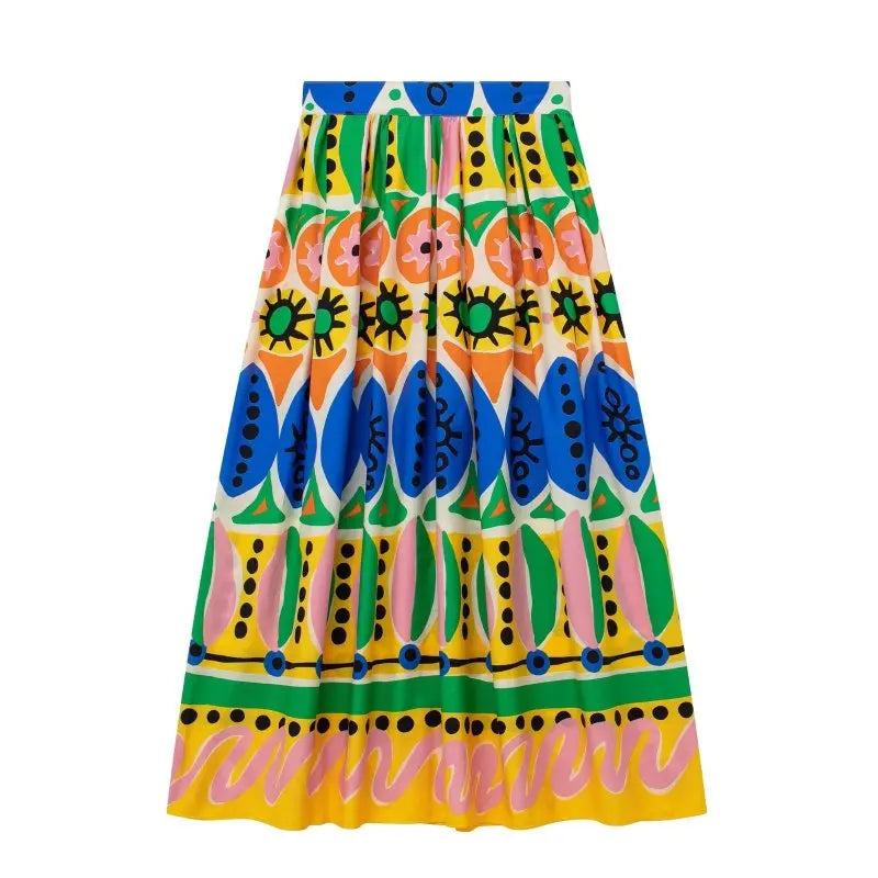 For Women Female Causal Halter Sleeveless Camisole Tops A-Line Mid-Calf Skirt TRAF Fashion Summer Print Skirt Sets AE099Skirt