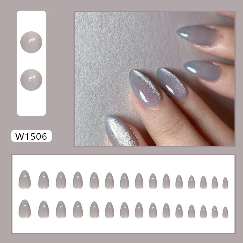 24pcs Shiny Green Cat Eye False Nails Cute Seal Print Fake Nails Tips Wearable Reusable Glossy Short Round Press on Nails 14
