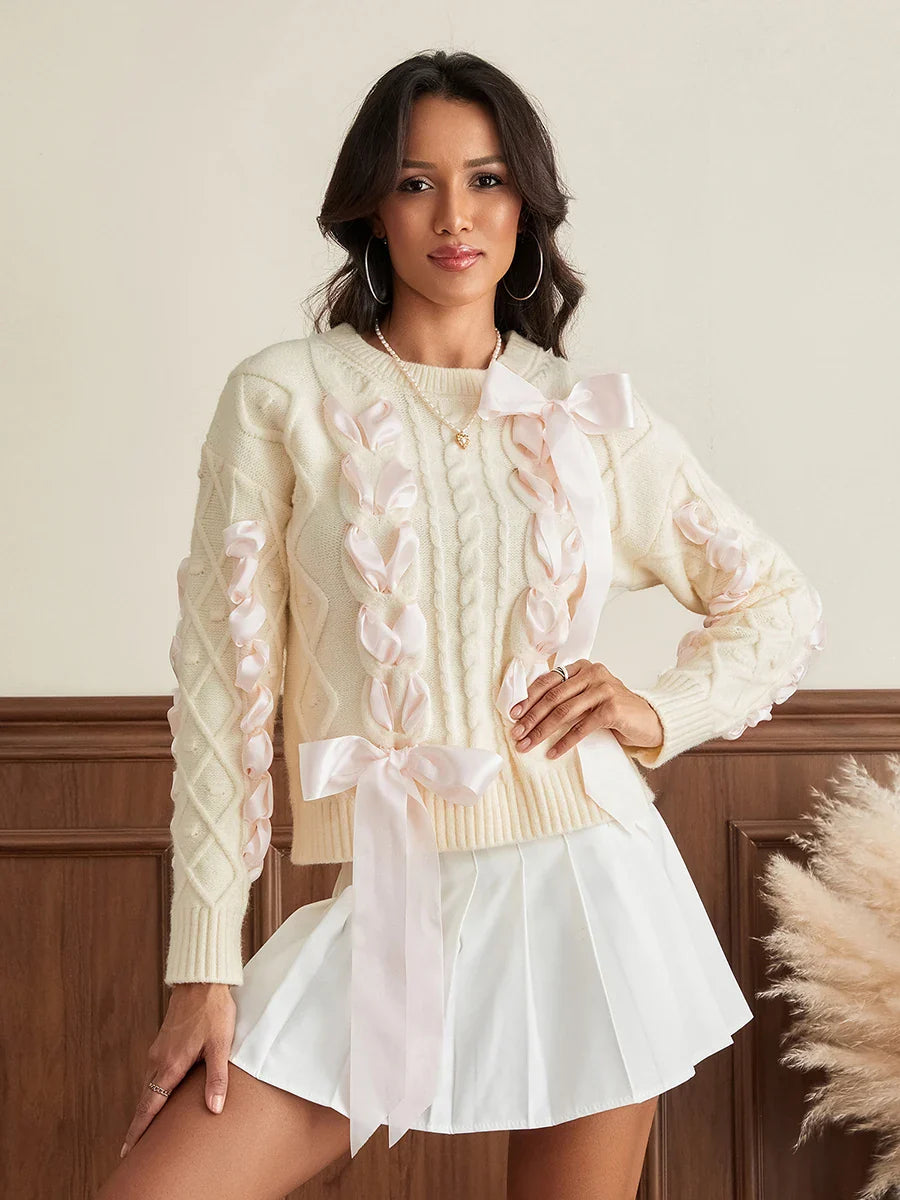 wsevypo Women's Ribbon Bowknot Knit Sweaters Cute Retro Long Sleeve Round Neck Cable Knit Pullover Tops for Fall Winter Ivory