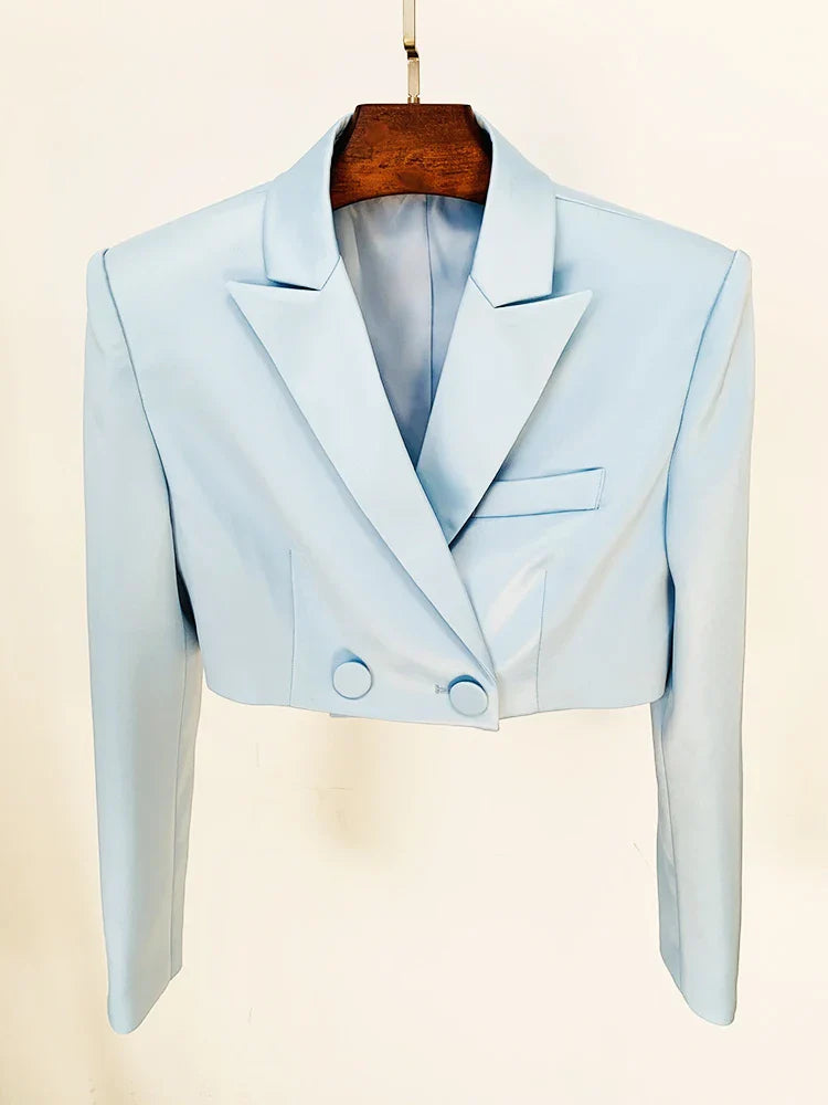 HIGH STREET Newest Fashion Designer Runway Suit Set Women's Satin Crop Blazer Jacket Belted Shorts Set 2pcs