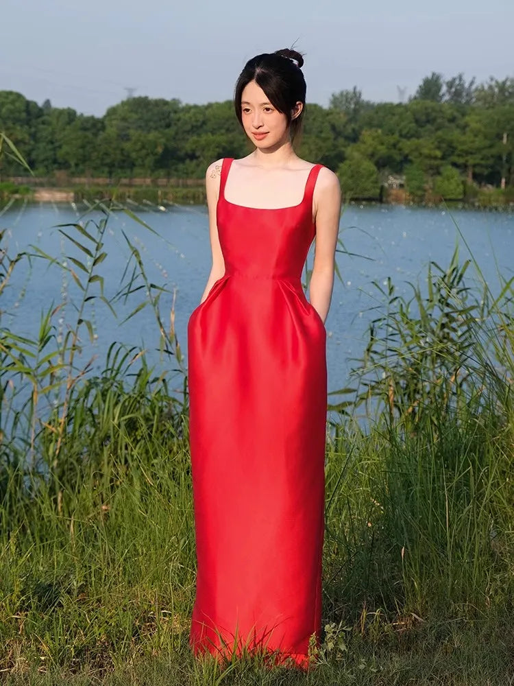 Lautaro Spring Summer Autumn Praty Birthday Evening Dresses Woman Elegant Luxury Red Prom Spaghetti Strap Satin Maxi Dress 2025