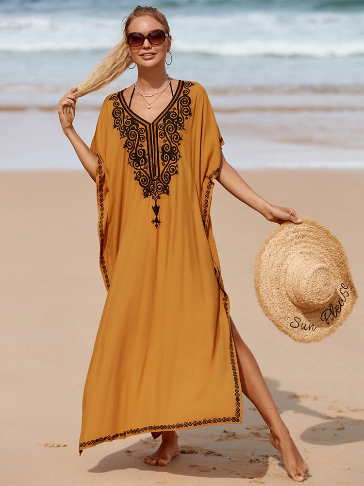 Vintage Embroidery Kaftan Sexy V-neck Batwing Sleeve High Waist Maxi Dress Tunic Women Clothing Summer Beach Dresses Q660 Q1465 One Size