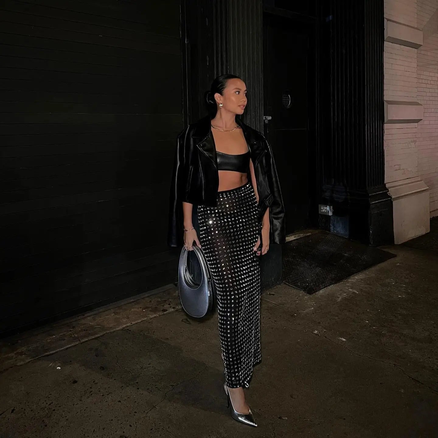 Shining Square Diamonds Sexy Mesh See Through Black Long Skirt Fashion Woman High Street Wear Evening Party Outfit