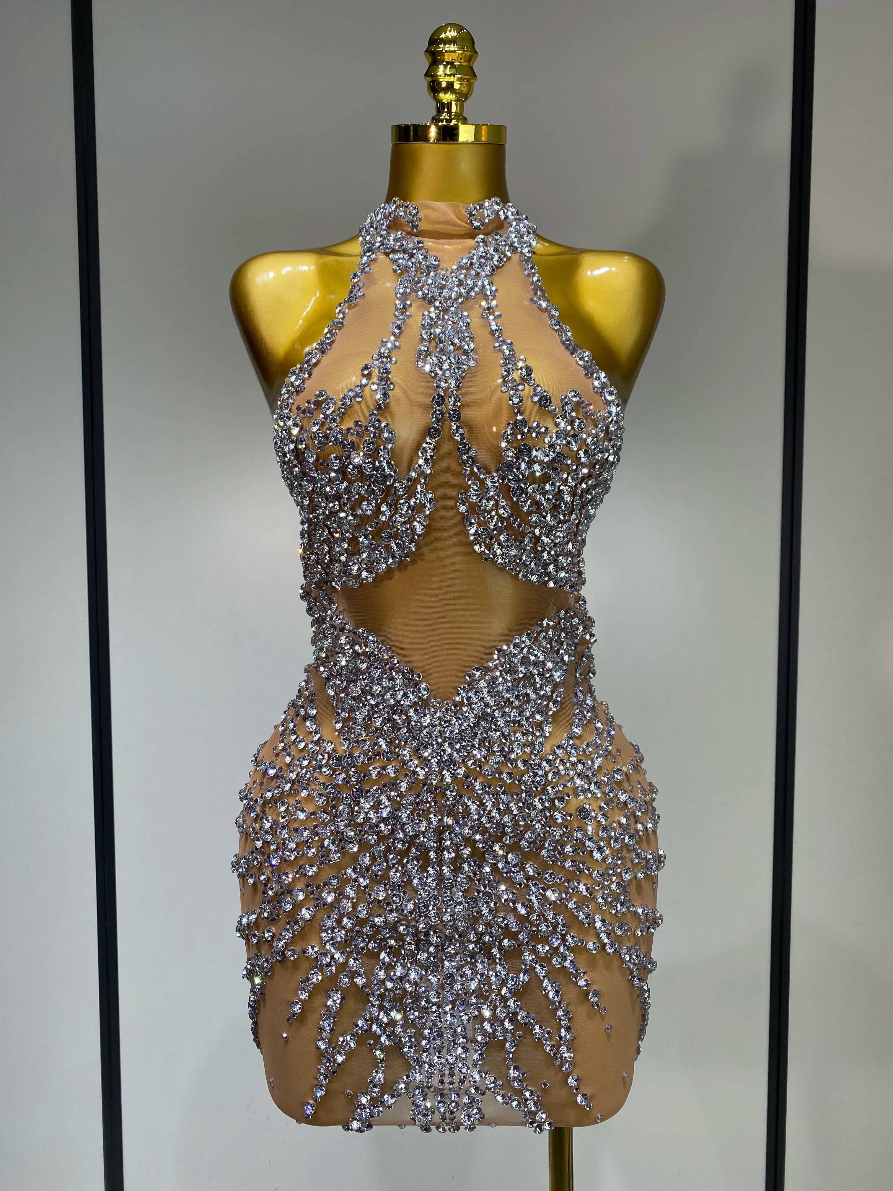 Luxury Rhinestones Mesh Transparent Prom Mini Dress Shinny Women Birthday Celebrate Party Prom Nightclub Outfit Stage Costume Silver