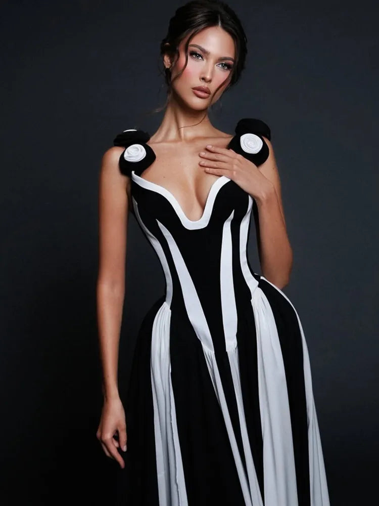 Women Celebrity Sexy V Neck Flower Black White Striped Maxi Long Bodycon Bandage Dress 2025 Elegant Evening Club Party Outfit