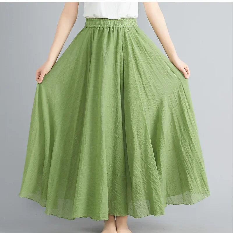 Fashion Cotton Linen Clothes Women Skirts Maxi Y2k Elegant Beach Saia Ropa Mujer Casual Vestido Boho Long Skirt Faldas Harajuku Vegetation green
