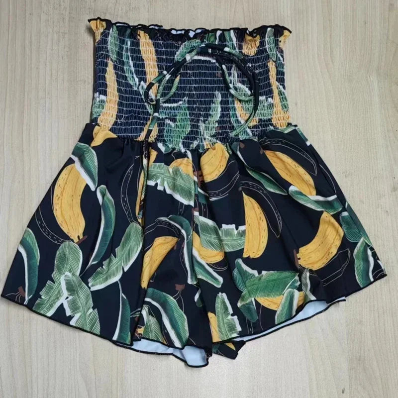 New Vintage Printed Double-sided Wear Swimming Bathing Suit Women Bandage Sexy One Piece Swimsuit Beachwear Swimwear Woman Black-green shorts