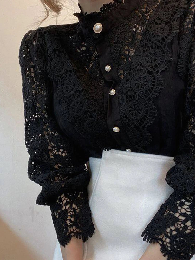 Women Chiffon Button Turtleneck Shirt Chic Elegant Floral Lace Fluffy Long Sleeve Top Fashion Hollow Oversize White Blouse 2025 black