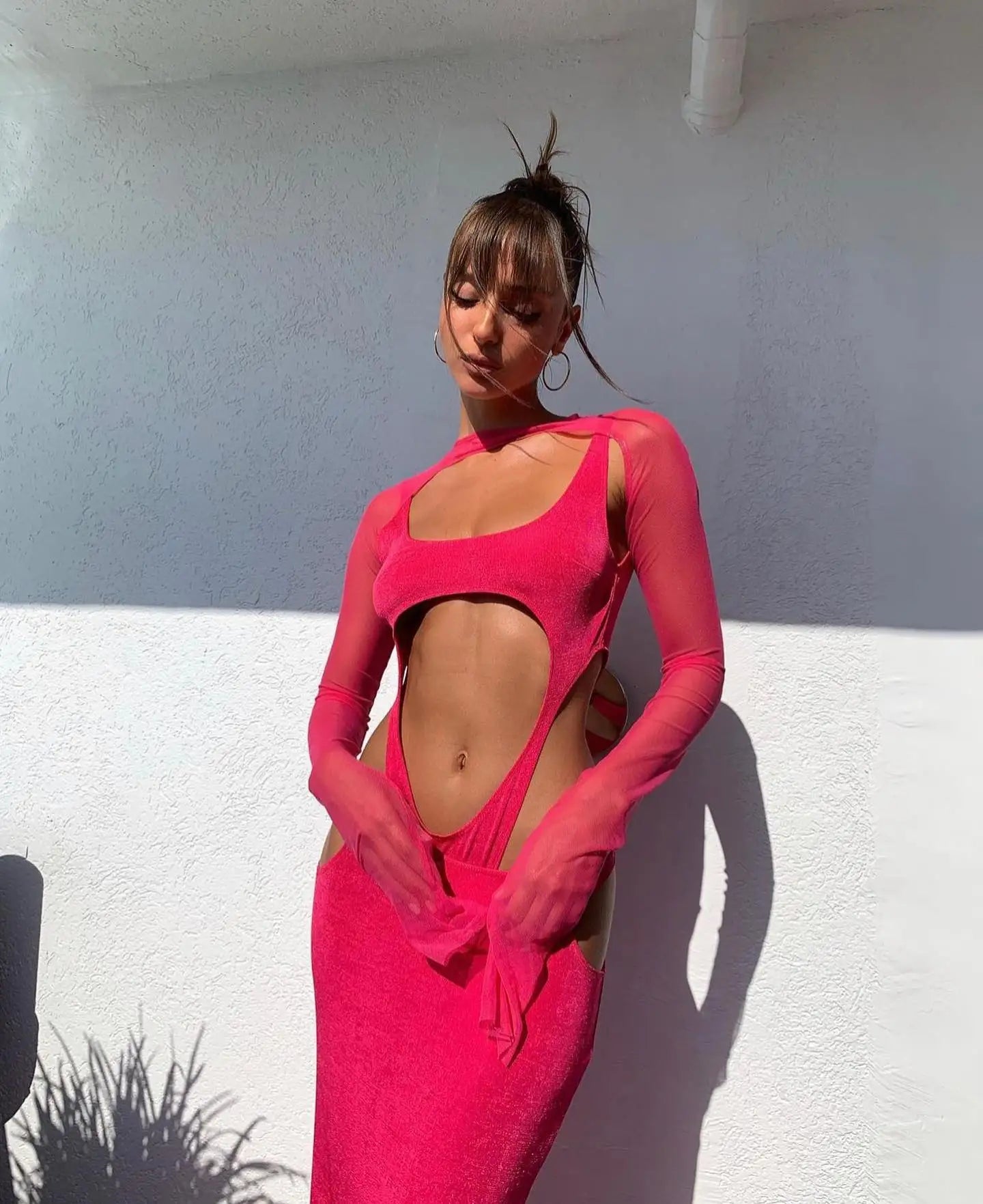 Rosered Color Women Long Sleeve Mesh Rayon Bandage Sexy Holes Bodycon Long Dress Nightclub Party Celebrate Vacation Beach Dress