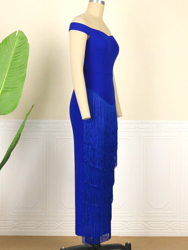 Femmes robes bleu glands frange Sexy fête épaule dénudée sans manches élégant moulante longue Cocktail tenues d'anniversaire célébrer nouveau