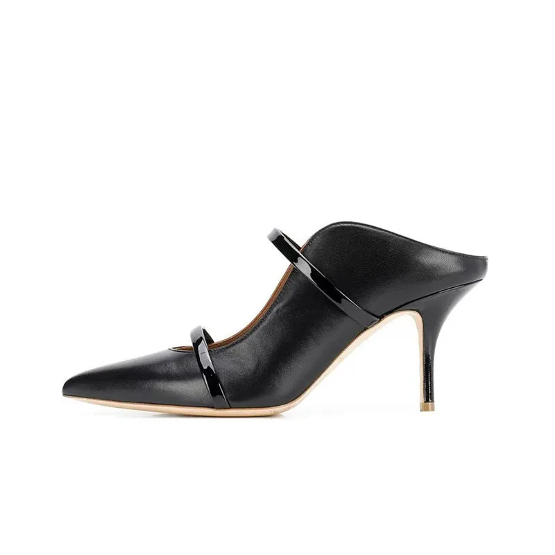 Silver Strappy Heeled Sandals Shallow Pointed Toe Heels Slip On Luxury Designer Shoes Sandalias De Mujer Zapatillas Summer 2025 black