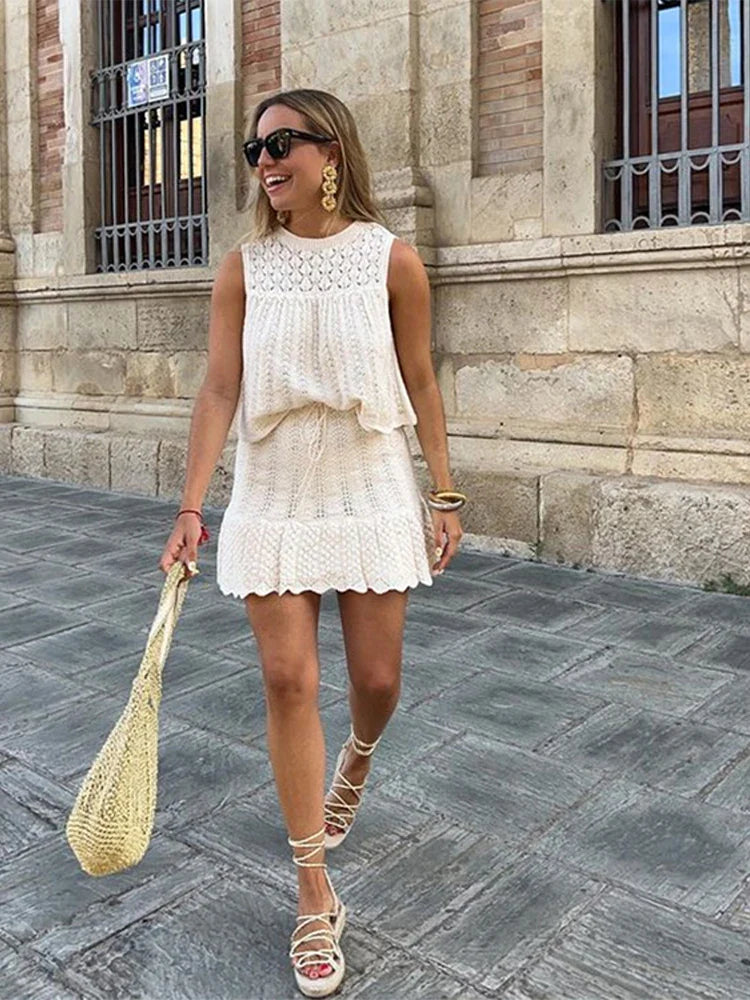 Women Knit Mesh Jacquard Skirts Sets Sweet Hollow Out O-neck Sleeveless Vest Top Summer A-Line Drawstring Mini Skirt Outfit