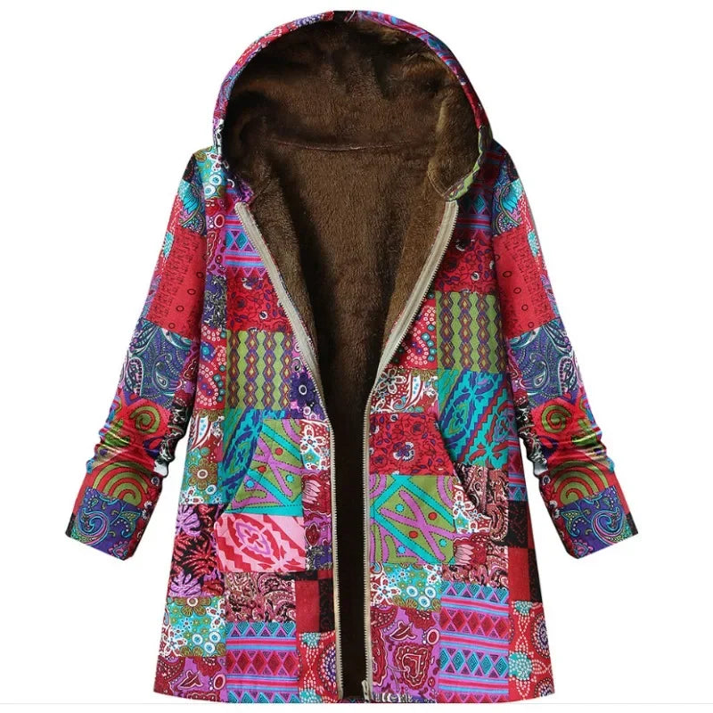 Thickened Zipper Hooded Coat Coat Coat Autumn and Winter New Cotton and Hemp Coat Women's Vintage Warm Printing Pocket