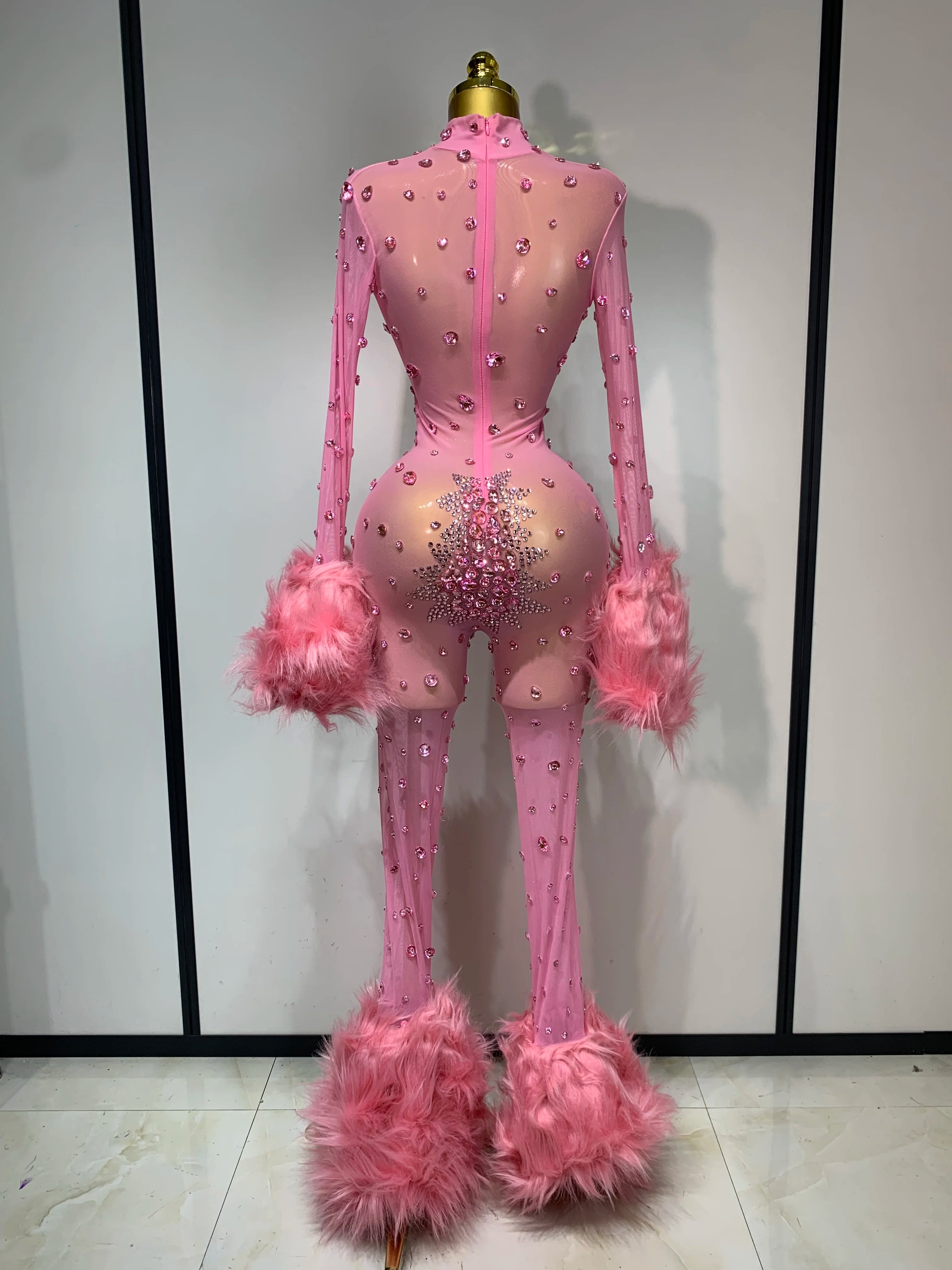 Shiny Diamond Mesh See Through Bodycon Jumpsuit Women Sexy Long Sleeve Performance Singer Costume Nightclub Stage Outfit