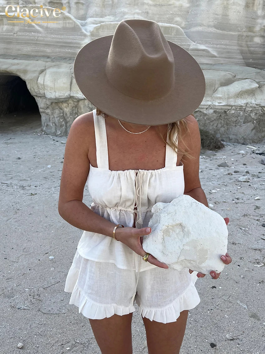 Clacive Sexy Slim White Linen 2 Piece Sets Women Outfit Summer Sleeveless Tank Top With High Waist Shorts Set Streetwear