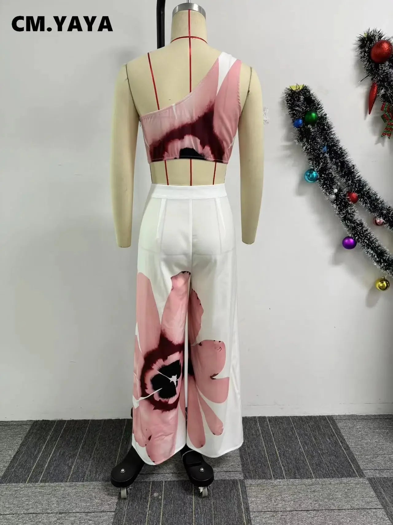 Women Set Floral Print Sleeveless Skew Collar Tops +Wide Leg Pants Two 2 Piece Set Outfit 2024 Summer Street Tracksuit