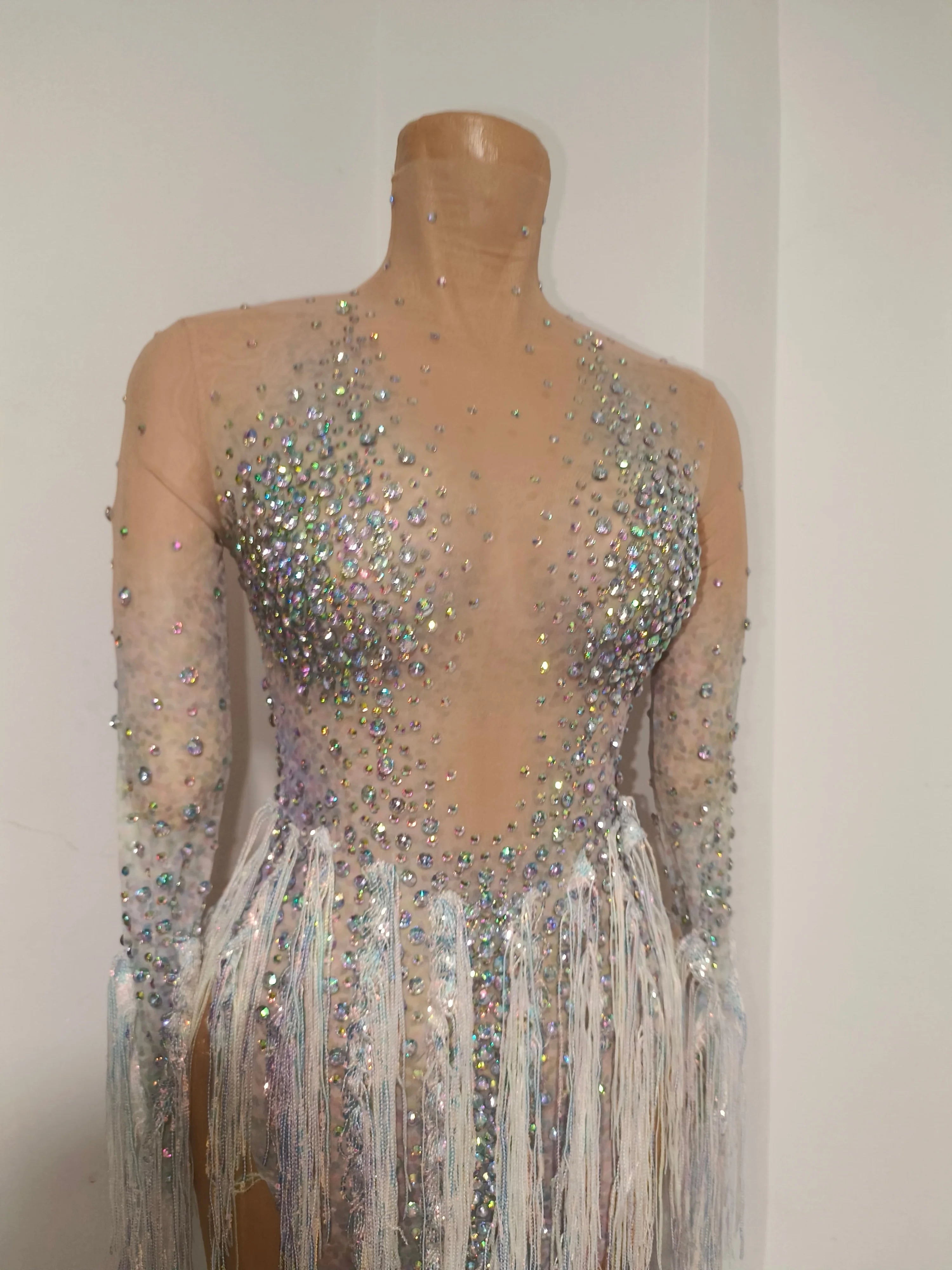 Luxurious Nude Long Sleeve Dress Women Sheer Mesh Iridescent Rhinestone Fringe Embellished Latin Dance Performance Costume