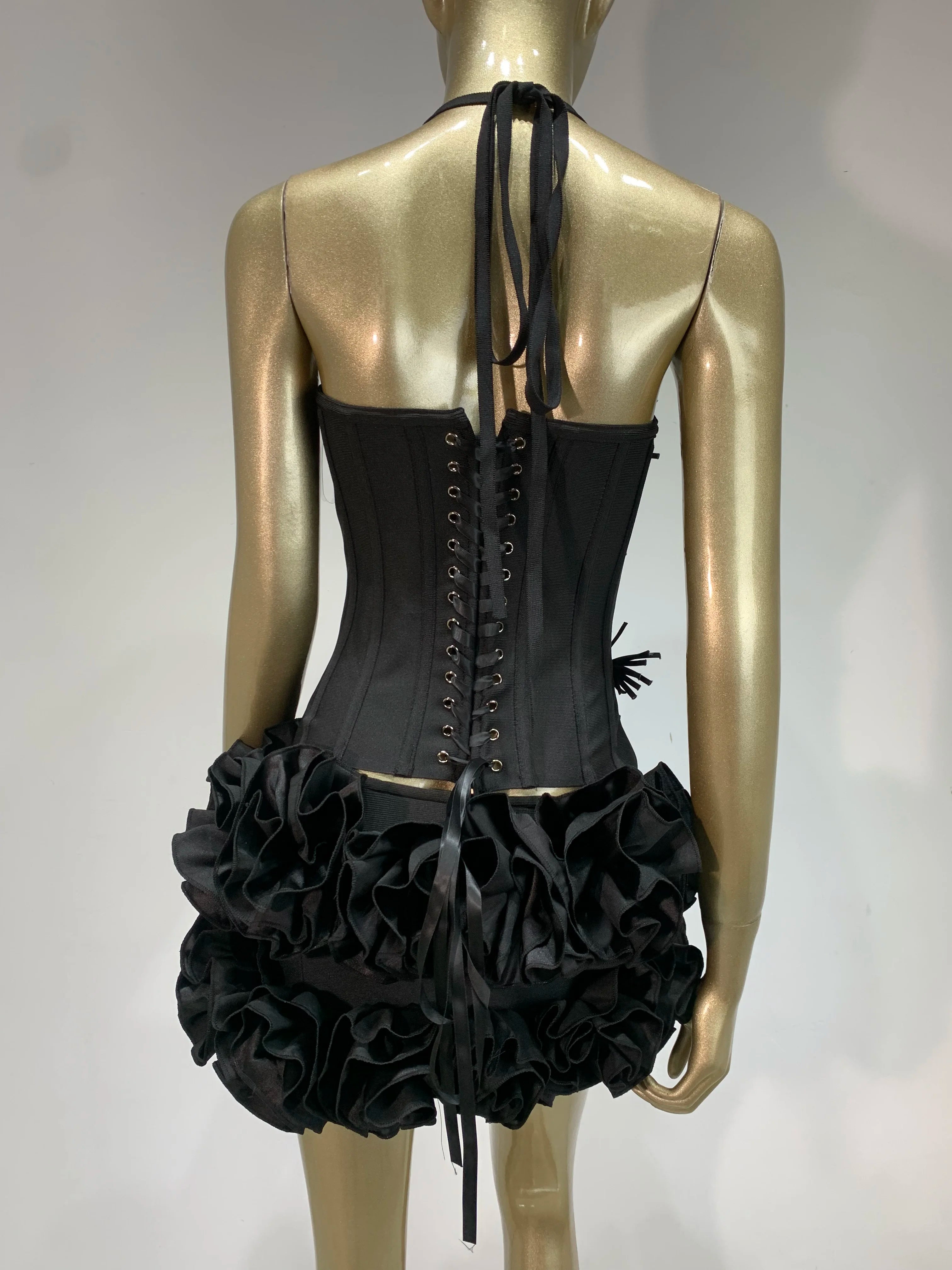 Women Sexy Halter Backless Lacing Flower Black Mini Two Pieces Skirt Bandage Set 2025 Celebrity Designer Fashion Women's Set