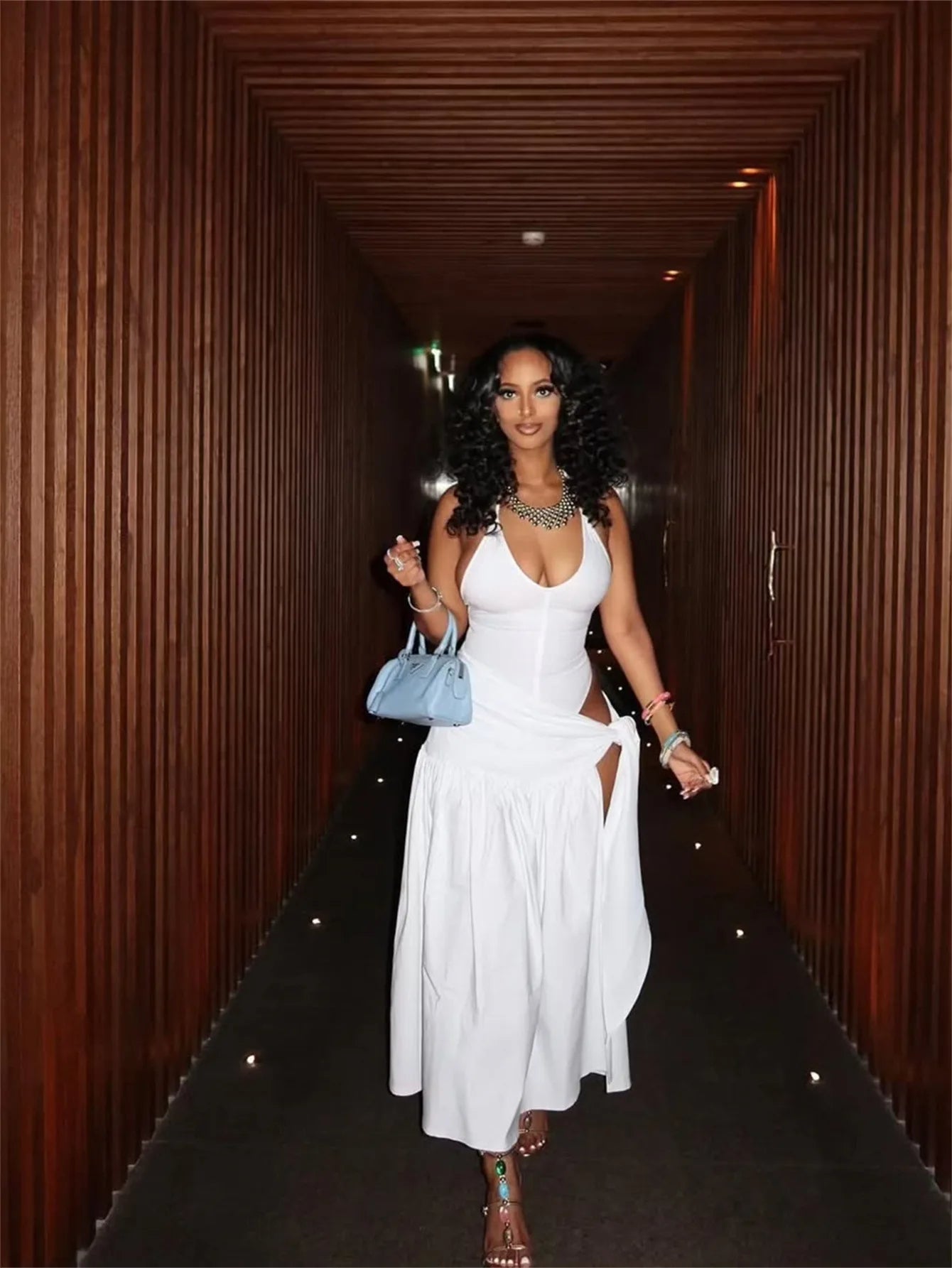 CM.YAYA Summer Women Halter Sleeveless V-Neck Tie Up High Side Split High Waist A-Line Dress Night Club Party Dresses Vestidos