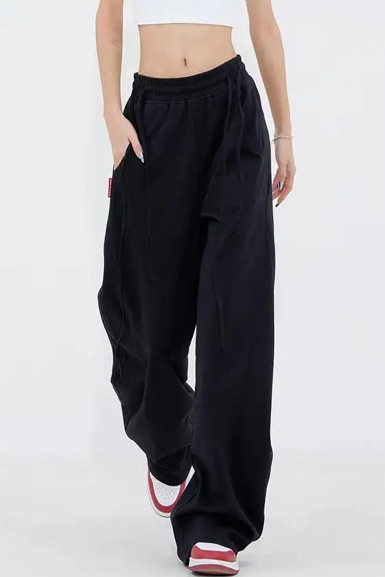 Women's Y2K Wide Leg Elastic Waist Drawstring Baggy Pants Casual Daily Joggers Trousers Vintage Street Mopping Sweatpant black