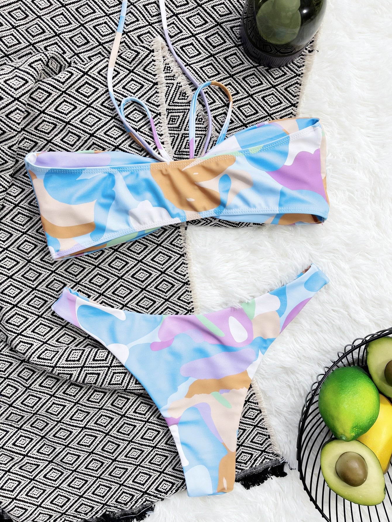 Print Bandeau Bikinis Set Swimsuit - Lace-up Thong Swimsuit for Women Sexy Bikini