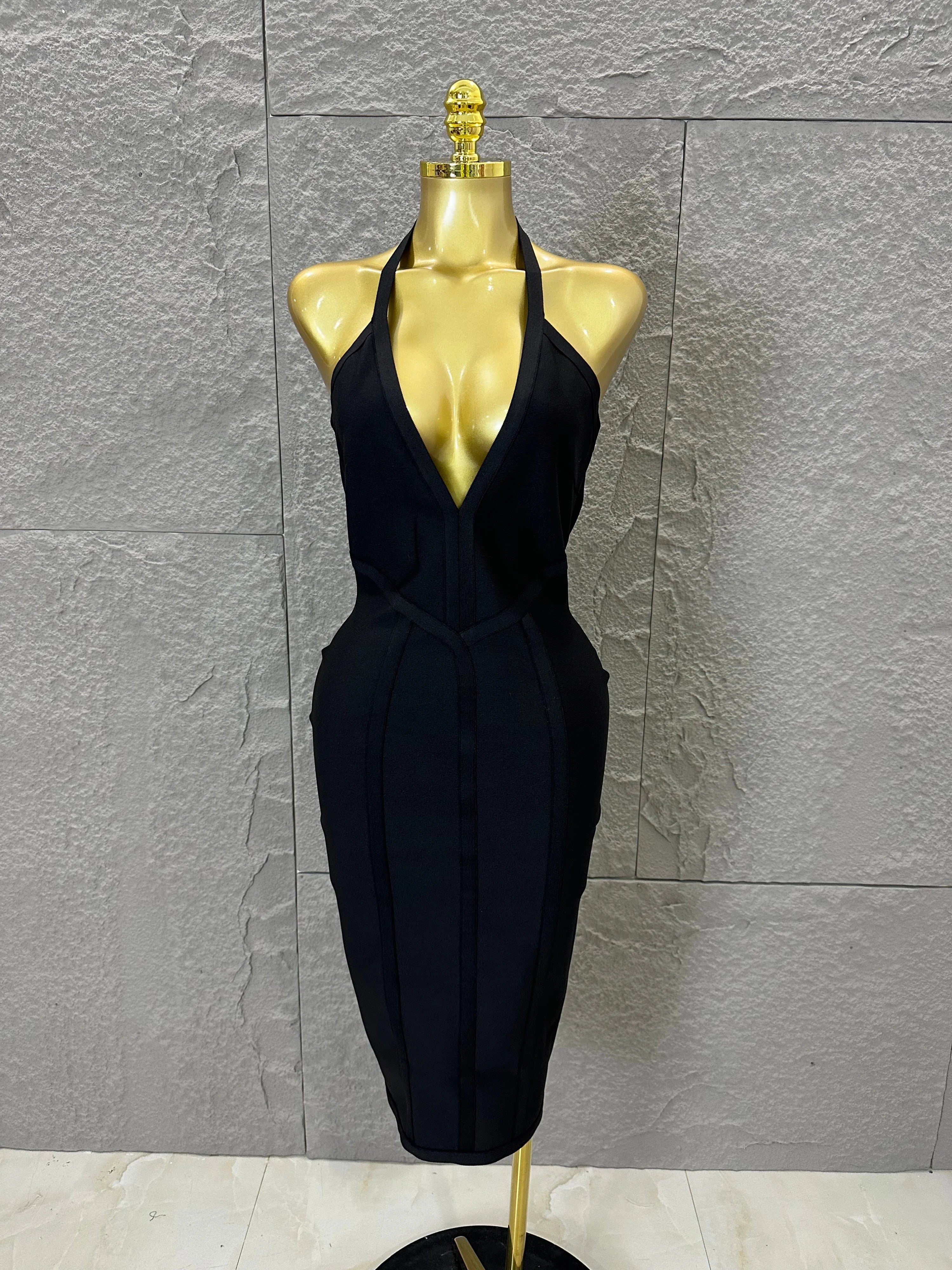 Elegant 2026 Brown Bandage Midi Dress Women Sexy Halter Neck Deep V Bodycon Evening Party Costume Cocktail Party Costume black