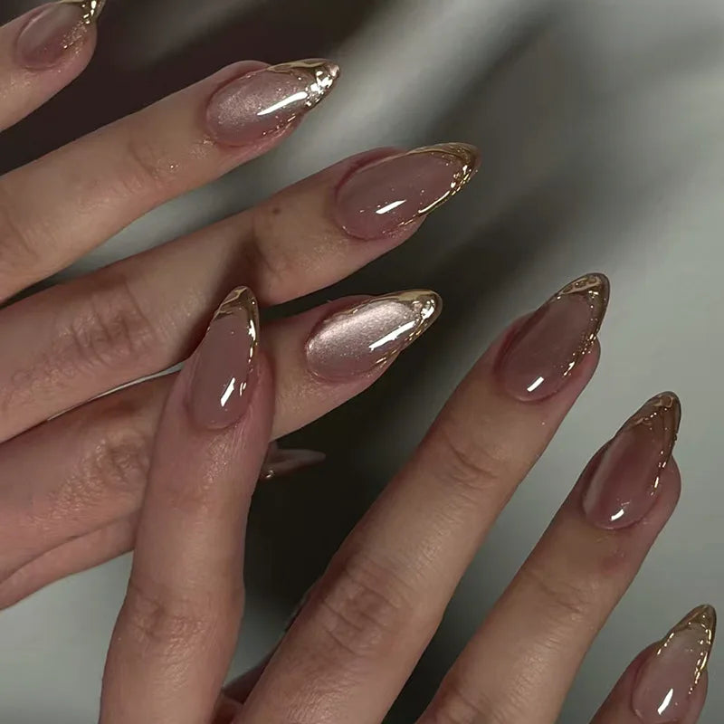 24Pcs Nude Pink Almond Fake Nails with Golden Lines Design Long Round Head Press on False Nails Wearable Full Cover Nail Tips 1900