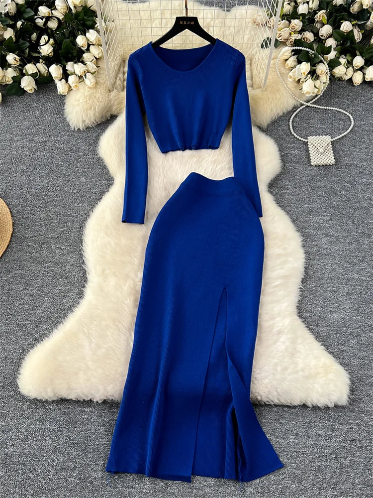 SINGREINY Autumn Sweater Two Pieces Suits Long Sleeves Knit Top+ Elatic Waist Slim Split Long Skirt Sets Women Warm Knitted Suit dark blue One Size