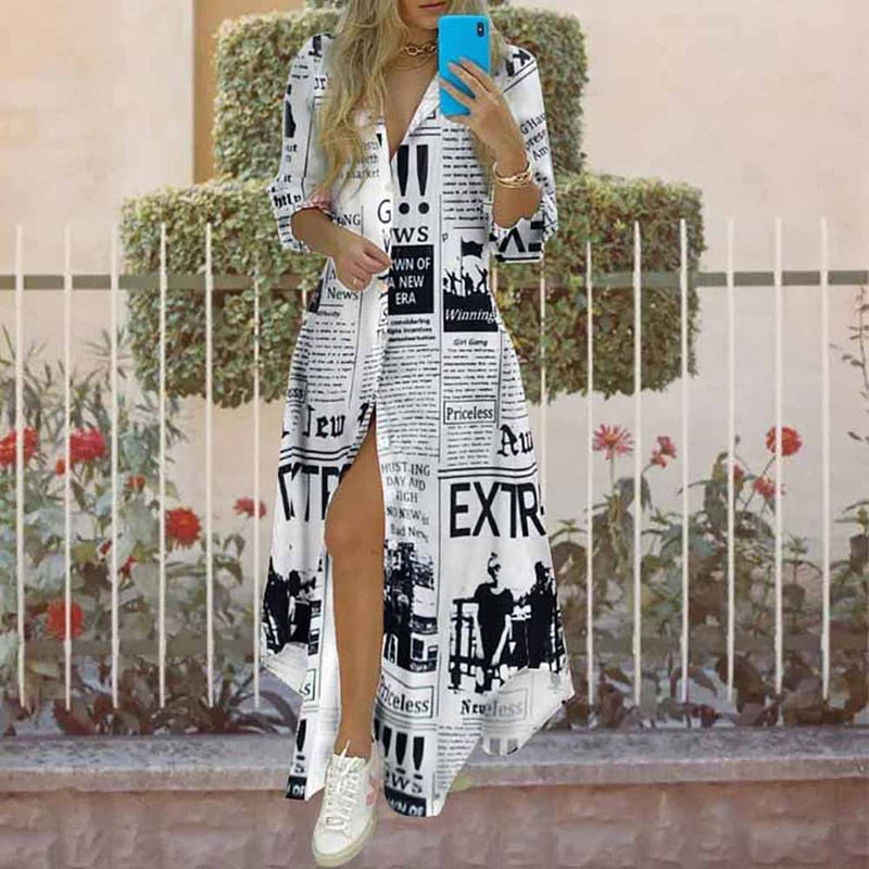 Women Boho Printed Long Shirts Dress Summer Turn-down Collar Long Sleeve Party Dress Female Casual Evening Maxi Dresses Vestidos Style 02