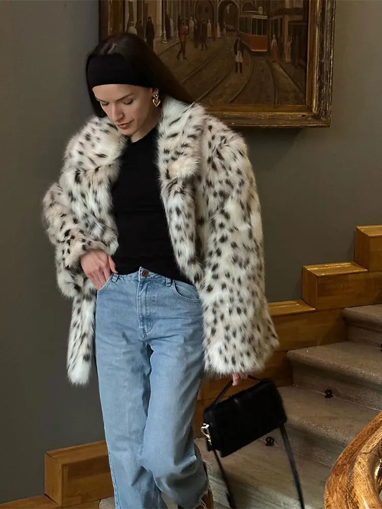Winter Long Loose Thick Warm Soft Fluffy Leopard Faux Fur Coat Women Long Sleeved Lapel Top Premium Long Coat Festival Overcoats Leopard 01