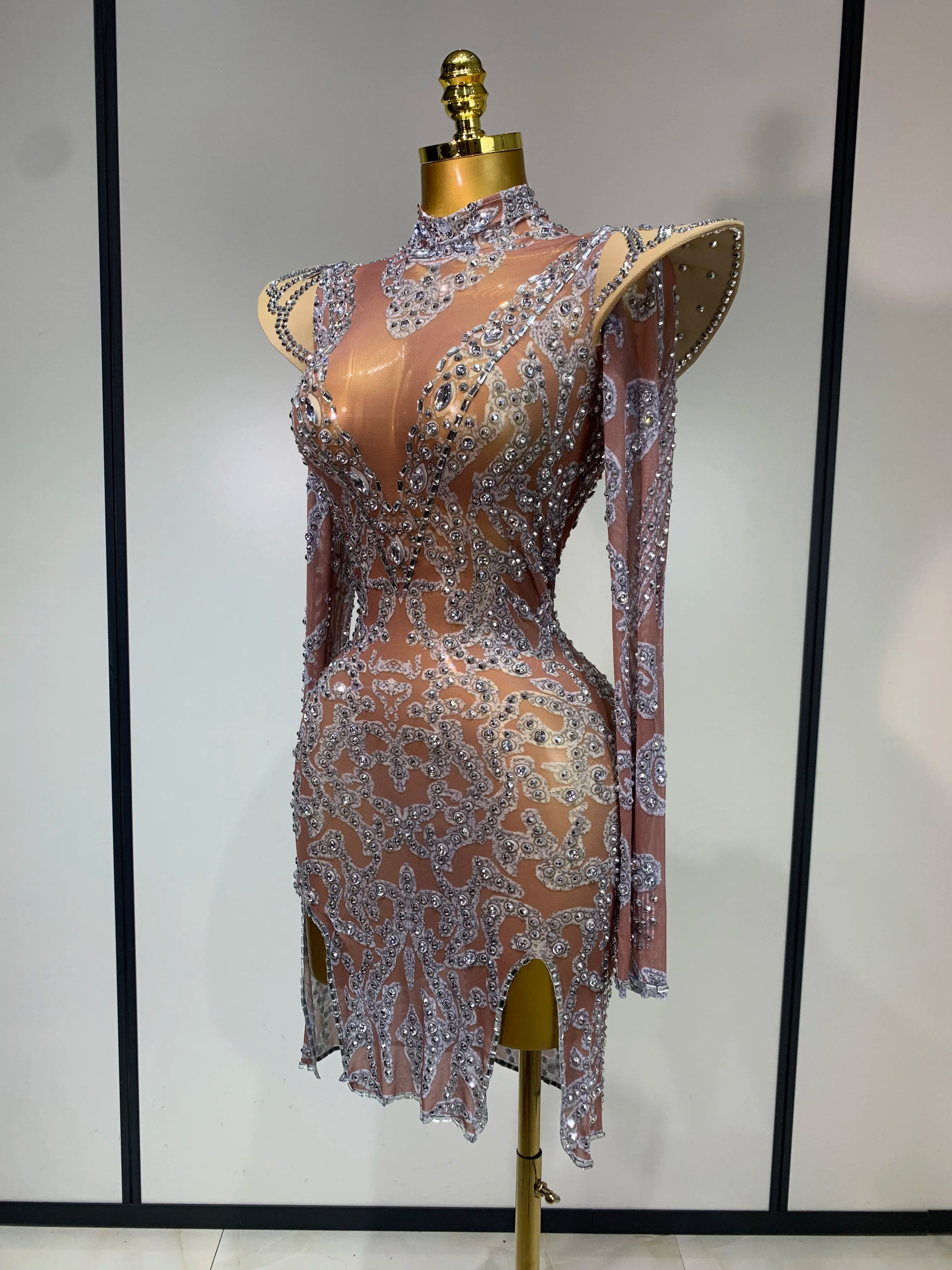 Women Shiny Rhinestones Mesh Transparent Mini Dress Luxury Birthday Celebrate Photoshoot Dress Singer Stage Drag Queen Costume