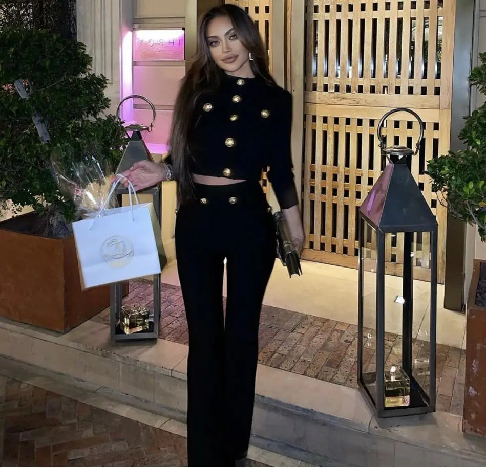 Bandage Expose Waist Woman Set Fashion Golden Buttons Short Coat Top And Flare Pants 2 Pieces High Street Wear