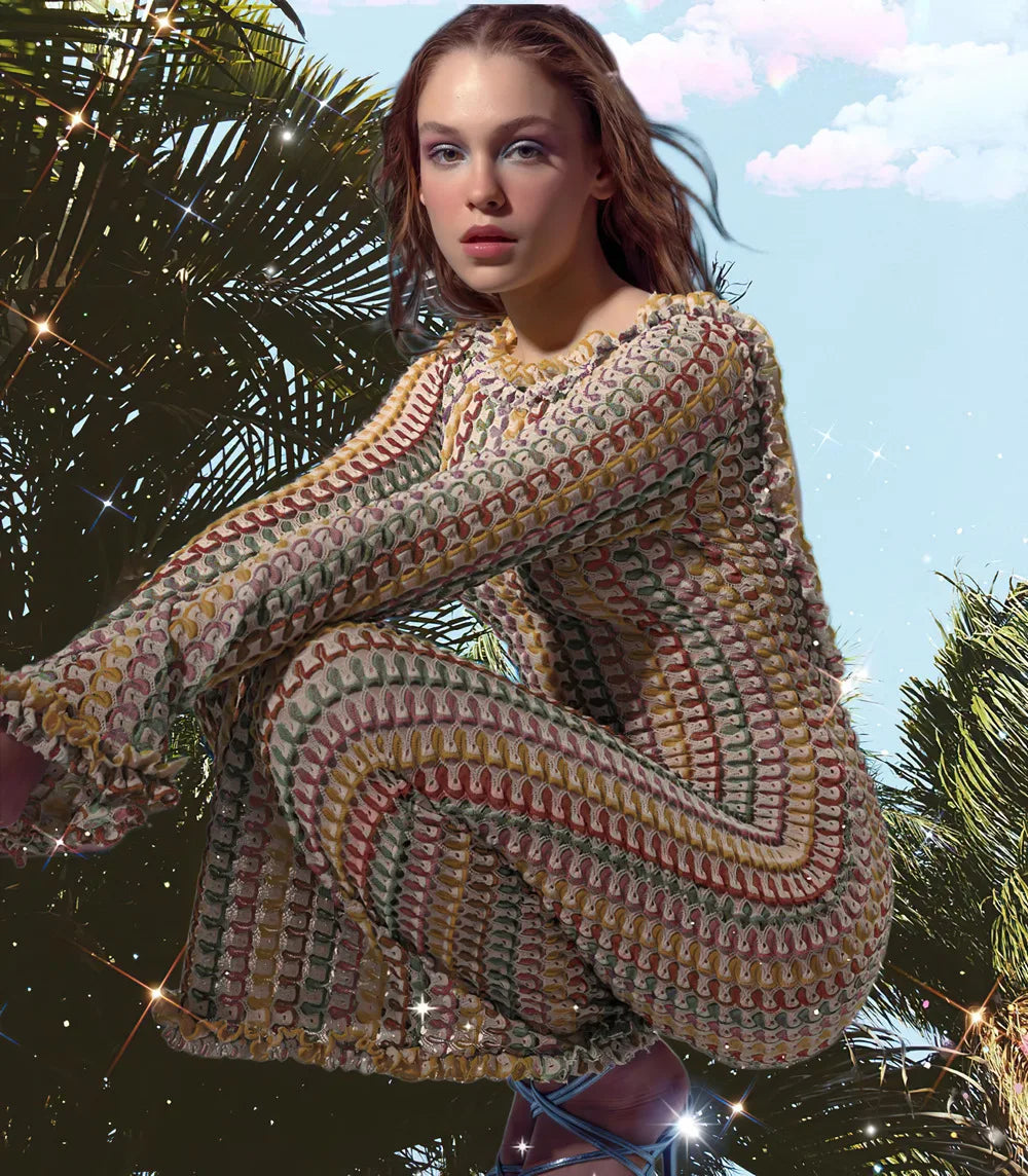 Backless Knitted Beach Dress Women Fashion Hollow Out Slim Boho Dress Summer Elegant Colorful Long Sleeve Bikini Cover Up 2024 brown