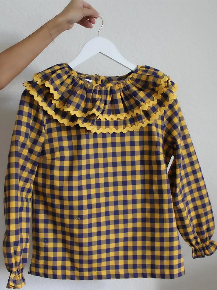 Spring Women Green Plaid Print Puff Sleeve T Shirt Elegant Casual Loose Ruffles O Neck Tops New Female Commute Streetwear As show 2