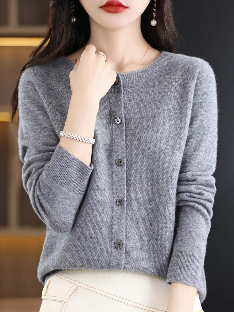 Aliselect Autumn Winter Women 100% Merino Wool Sweater O-Neck Tops Long Sleeve Basic Cashmere Knitwear Cardigan Clothing Coat Light Grey