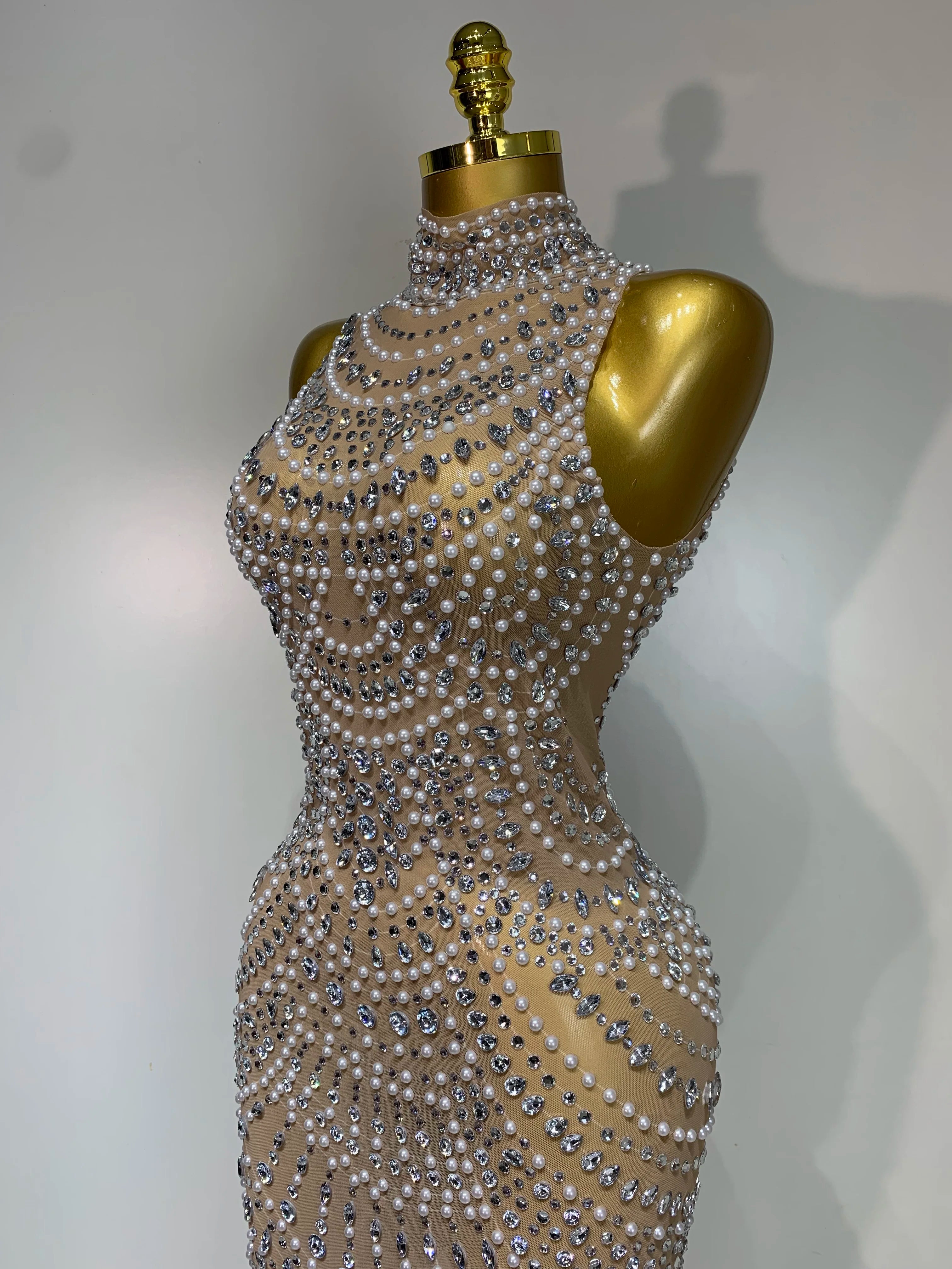 Elegant Sexy Sparkly Pearl Rhinestone Sleeveless Long Dress Women Birthday Party Evening Prom Wedding Luxury Photoshoot Outfits